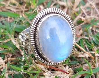 Boho Moonstone ring, 925 solid silver ring, Blue Fire Stone ring, Statement ring, Rainbow moonstone jewelry, Ottoman Ring, Artisan jewelry