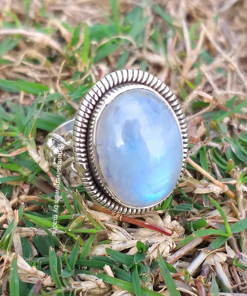 Boho Moonstone ring 925 solid silver ring Blue Fire Stone image 0