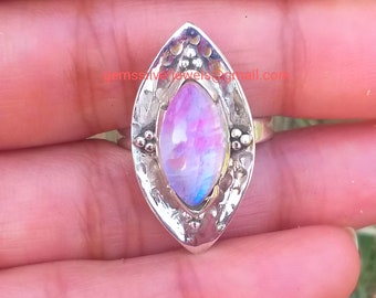 Pink Moonstone ring, 925 silver, Rainbow moonstone ring, Natural moonstone ring, Cocktail ring, Artisan jewelry, marquis stone ring