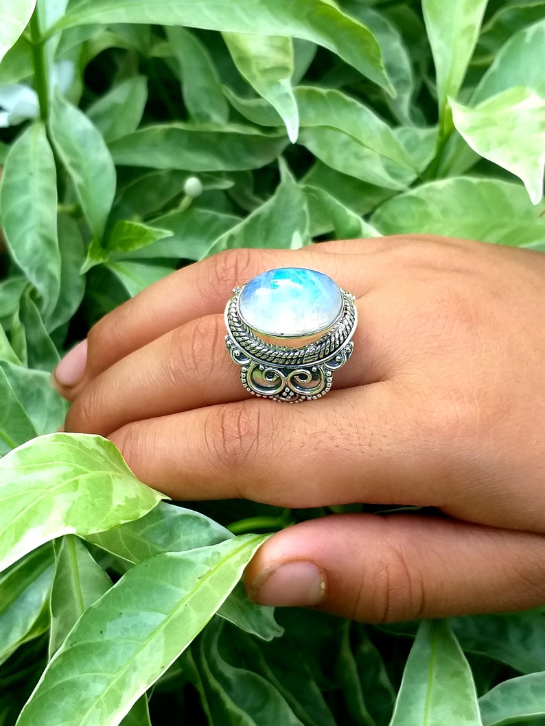 handcrafted ring Oval Stone Ring June Birthstone Silver Ring Rainbow Moonstone Ring Blue Stone Ring Statement Ring boho Gift For Her