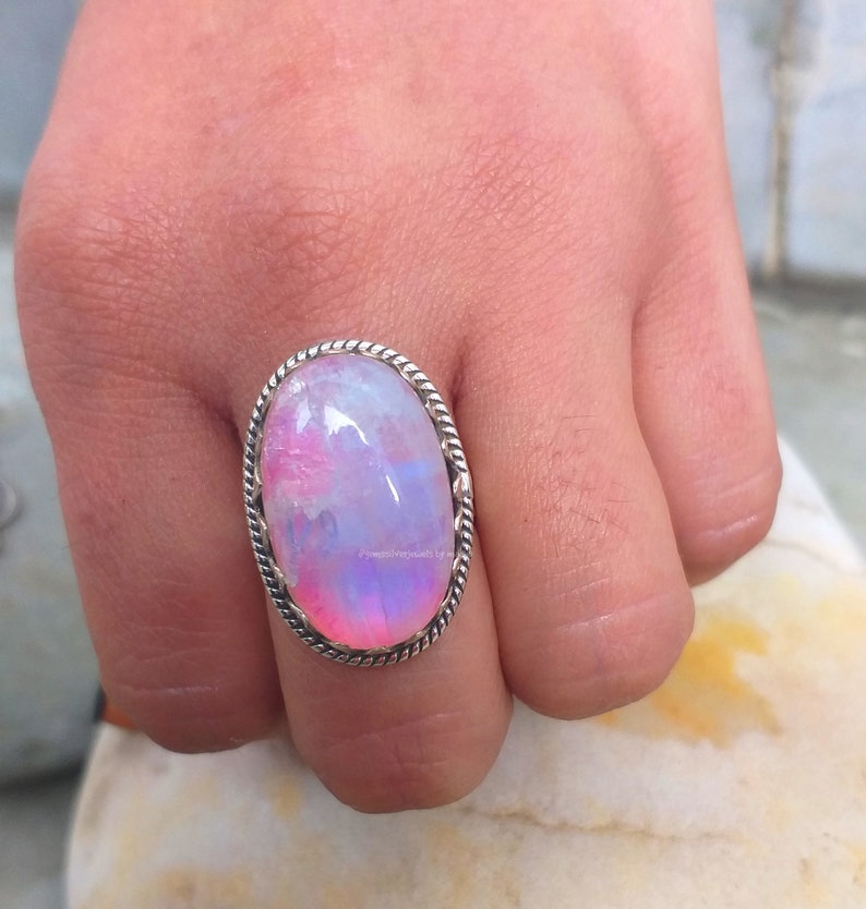 Pink Moonstone ring, 92.5% silver ring, Rainbow moonstone ring, Boho Statements ring, Big Stone ring, Oval stone ring, Crown Setting ring image 1