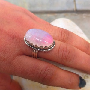 Pink Moonstone ring, 92.5% silver ring, Rainbow moonstone ring, Boho Statements ring, Big Stone ring, Oval stone ring, Crown Setting ring image 4