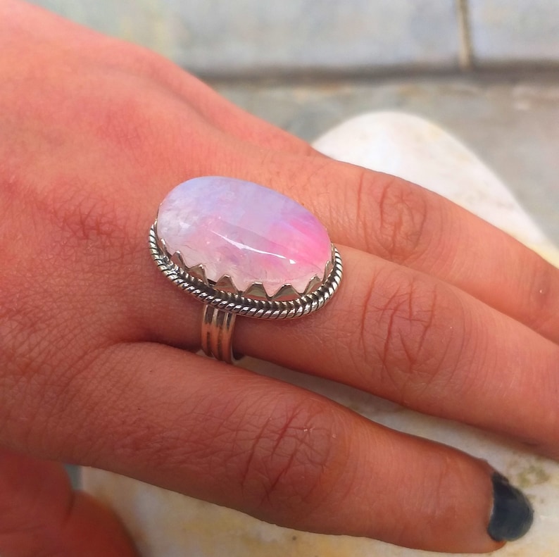 Pink Moonstone ring, 92.5% silver ring, Rainbow moonstone ring, Boho Statements ring, Big Stone ring, Oval stone ring, Crown Setting ring image 4