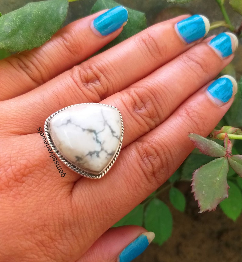 White Buffalo jewelry Boho Statement Ring Promise Ring White turquoise ring White Howlite 92.5/% Sterling Silver Triangle Shape Stone Ring