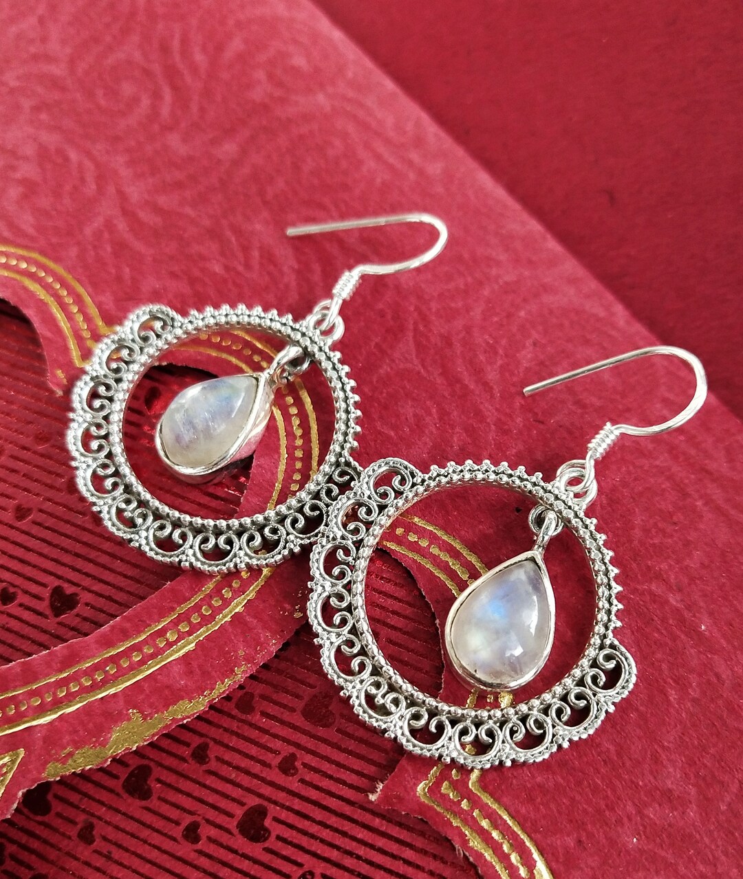 Moonstone Earring Sterling Silver Earrings Blue Flash Etsy