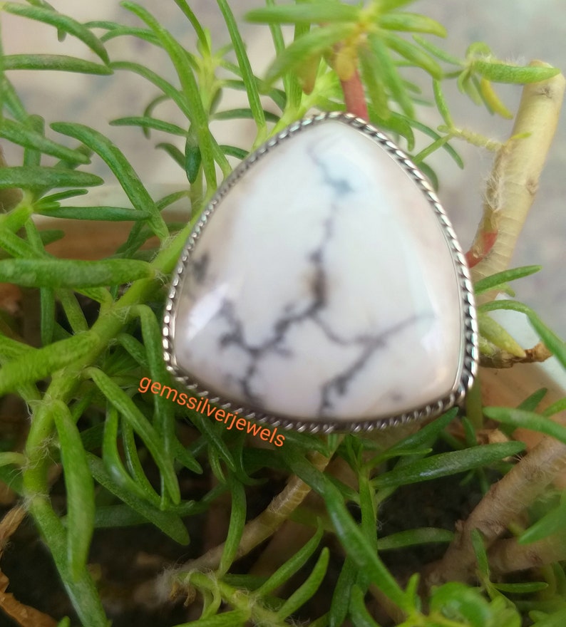 White Buffalo jewelry Boho Statement Ring Promise Ring White turquoise ring White Howlite 92.5/% Sterling Silver Triangle Shape Stone Ring