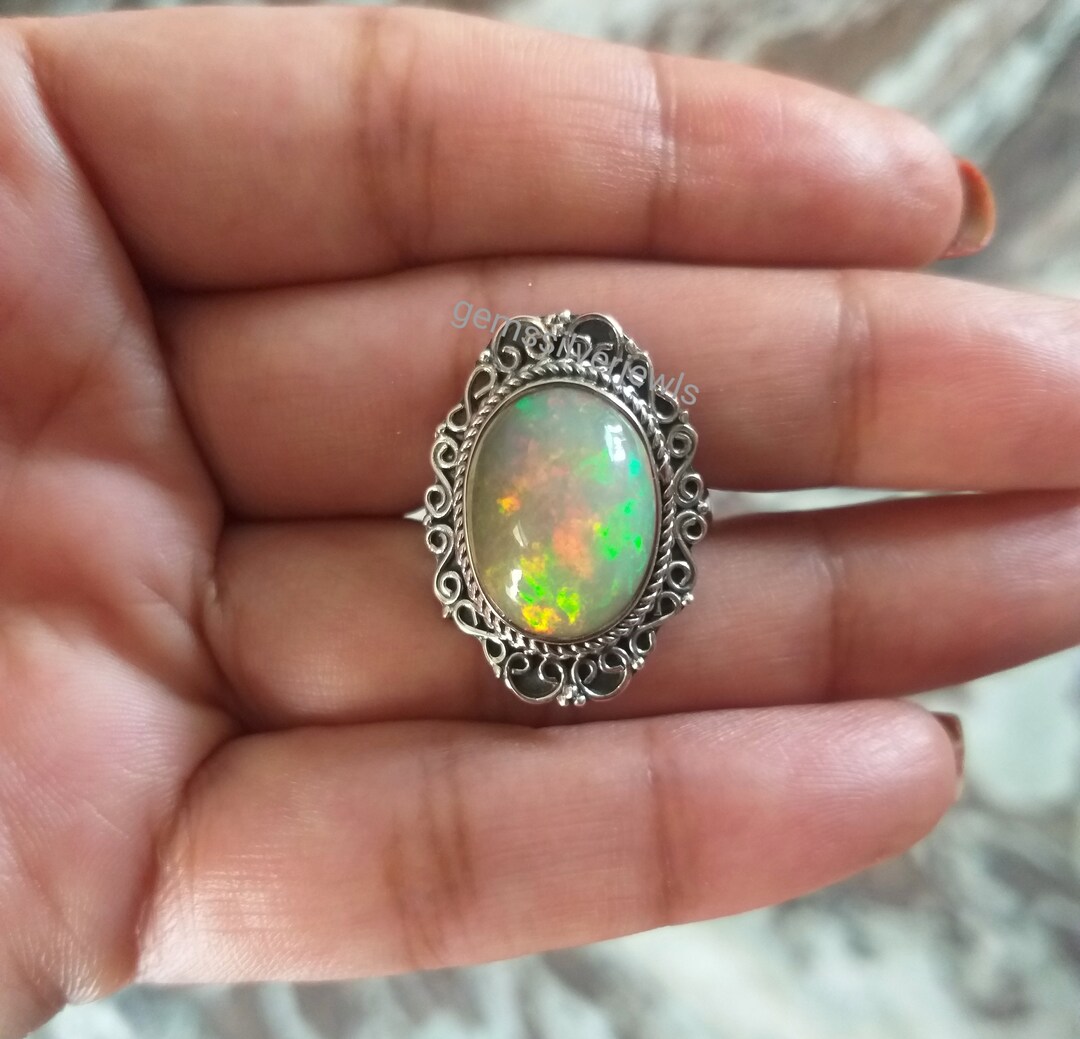 PEORA Created Black Fire Opal Large Vintage Style Ring For Women 925 Sterling Silver, 1.25 Carats Oval Shape 10x8mm, Size 5, Engagement, Promise, Anniversary Ring, For Classy Gift & Everyday Wear
