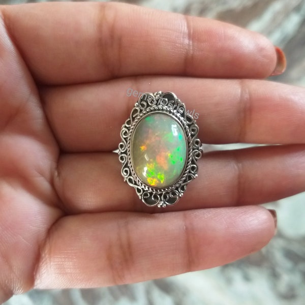 Bague opale éthiopienne naturelle, bague en argent sterling 925, cadeaux pour elle, bague opale de feu, bague d'anniversaire, bague de promesse, bague bohème fabriquée à la main,