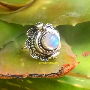 May include: A silver ring with a moonstone set in a detailed, ornate design. The ring has a hinged opening, revealing a small compartment inside. The ring is photographed on a green leafy background.