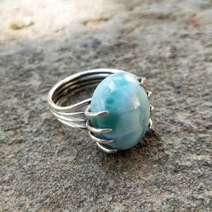 Oval Larimar Ring: Sterling Silver Boho Jewelry, Dominican Republic Gemstone