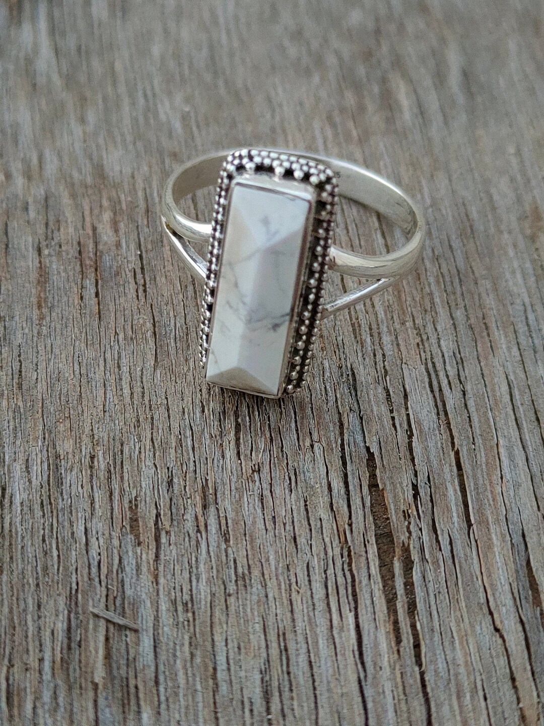 White Howlite Ring, 92.5% Silver Ring, White Buffalo18x6mm Rectangle ...