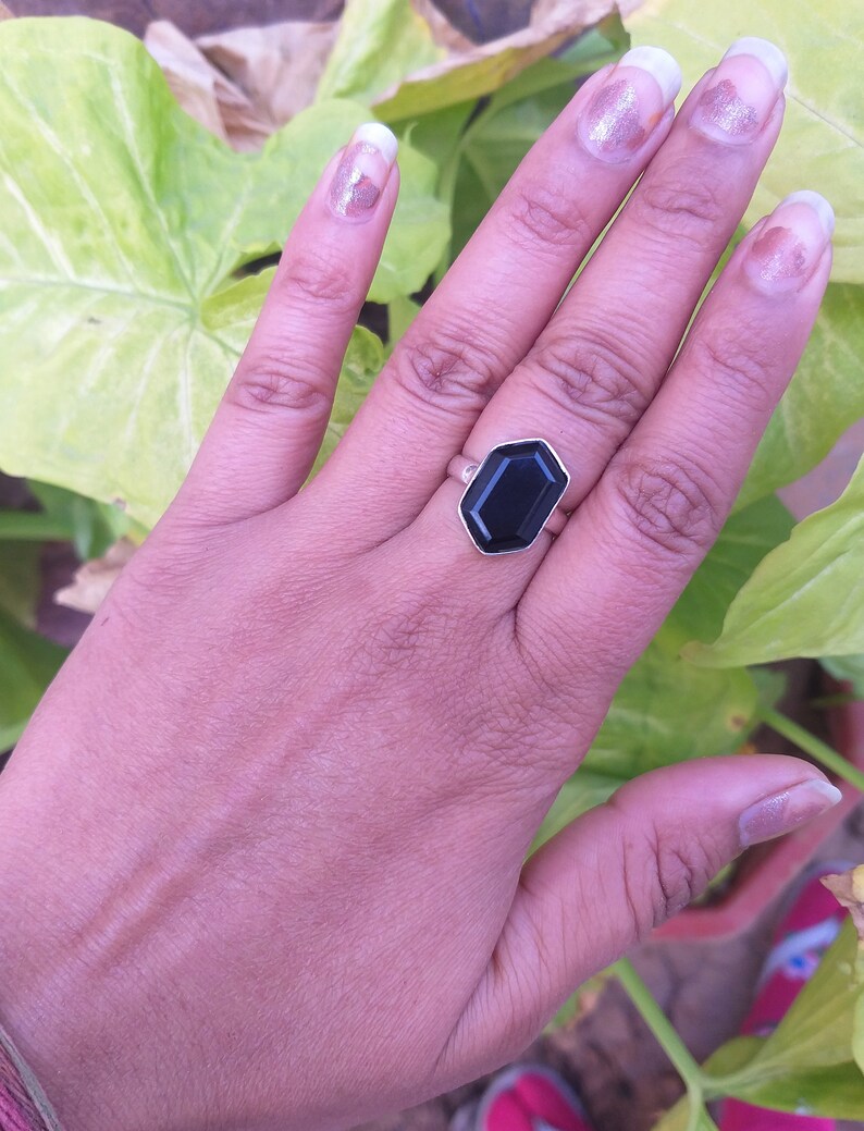 Ring i sterlingsilver med svart onyx, handgjord ring med hexagonal ädelsten bild 6