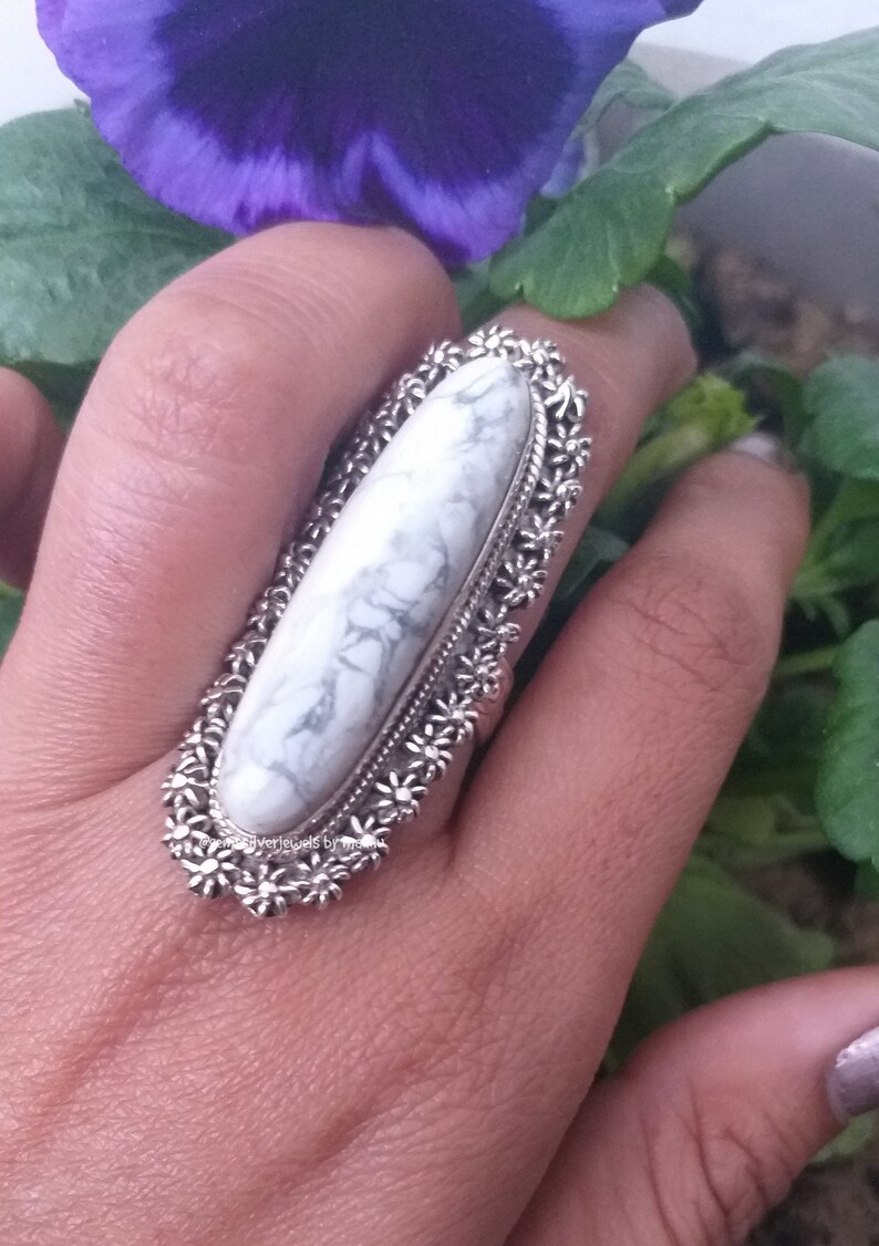 Howlite Ring Long Ring 92.5 Silver Ring Boho Statements Etsy India