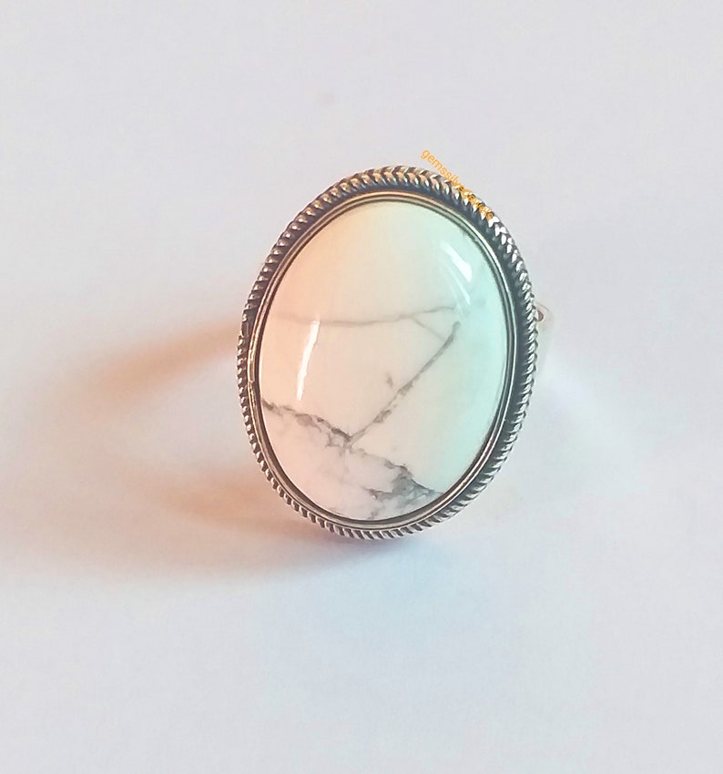 White Howlite Ring, 92.5% Silver ring,Big Oval stone Ring, White turquoise ring, White Buffalo jewelry, Big Stone ring, Boho Statement Ring image 2