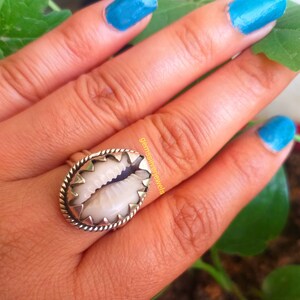 May include: A silver ring with a white cowrie shell set in the center. The ring is worn on a hand with blue nail polish.
