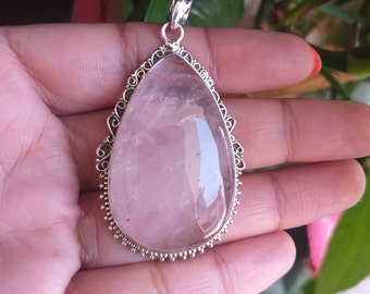 Natural Rose Quartz Pendant, 925 Sterling Silver Pendant, Bohostyle Pendant, Gifts for Him, Birthday Gifts, Healing Crystal Pendant