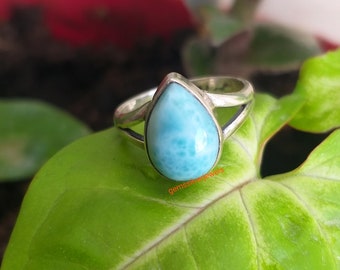 Bague en larimar naturel, bagues en argent sterling 925, bague en larimar bleu République dominicaine Bague en larimar en forme de poire Bague de promesse