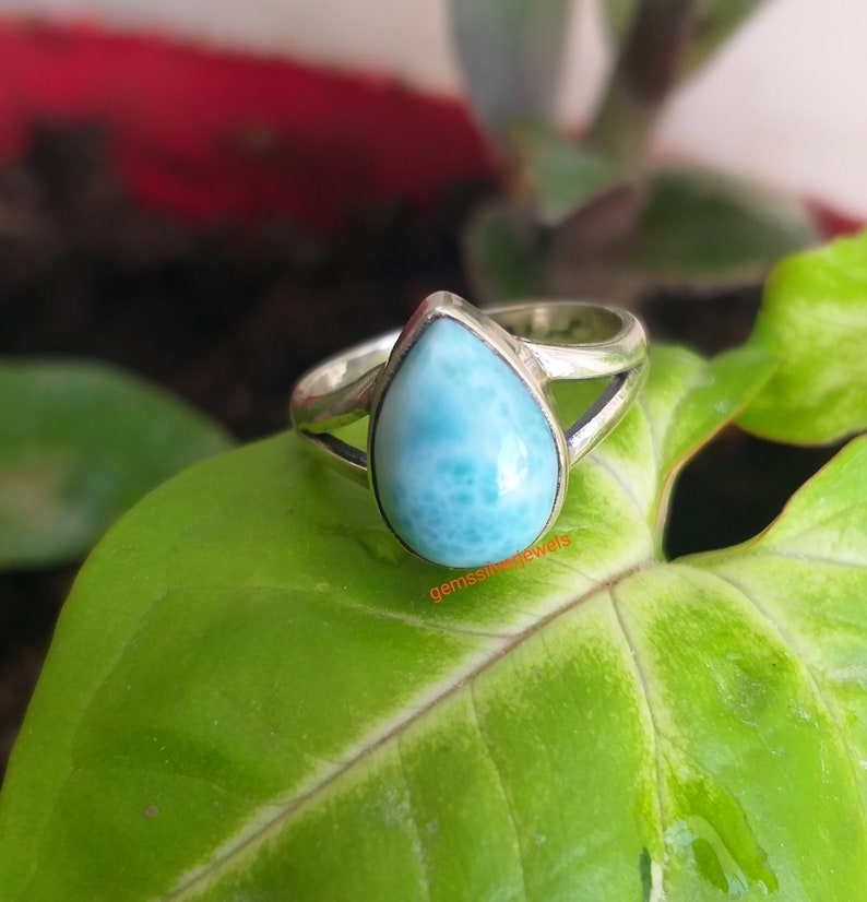 Bague en larimar naturel, bagues en argent sterling 925, bague en larimar bleu République dominicaine Bague en larimar en forme de poire Bague de promesse image 1