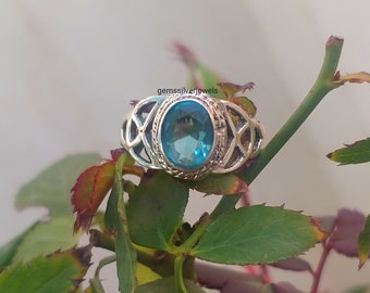 Bague topaze bleue, argent sterling à 92,5%, bague délicate, bague de promesse, bague d'anniversaire, bague en cristal de guérison, cadeaux pour elle, bague de style bohème