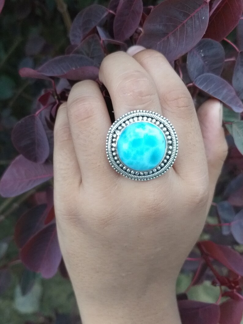 Larimar ring 925 silver ring Big Round stone ring sky image 3