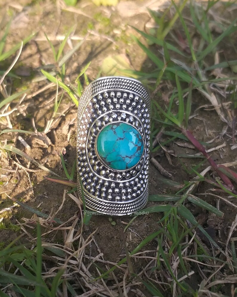 Natural Tibetan Turquoise ring 92.5% silver ringsLong Silver image 1