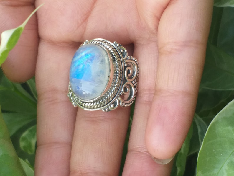 handcrafted ring Oval Stone Ring June Birthstone Silver Ring Rainbow Moonstone Ring Blue Stone Ring Statement Ring boho Gift For Her