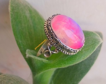 Bague en pierre de lune rose, bague en argent à 92,5%, bague en pierre de lune arc-en-ciel, bague Boho Statements, bague en pierre ovale, bague de but, cadeaux pour les mères