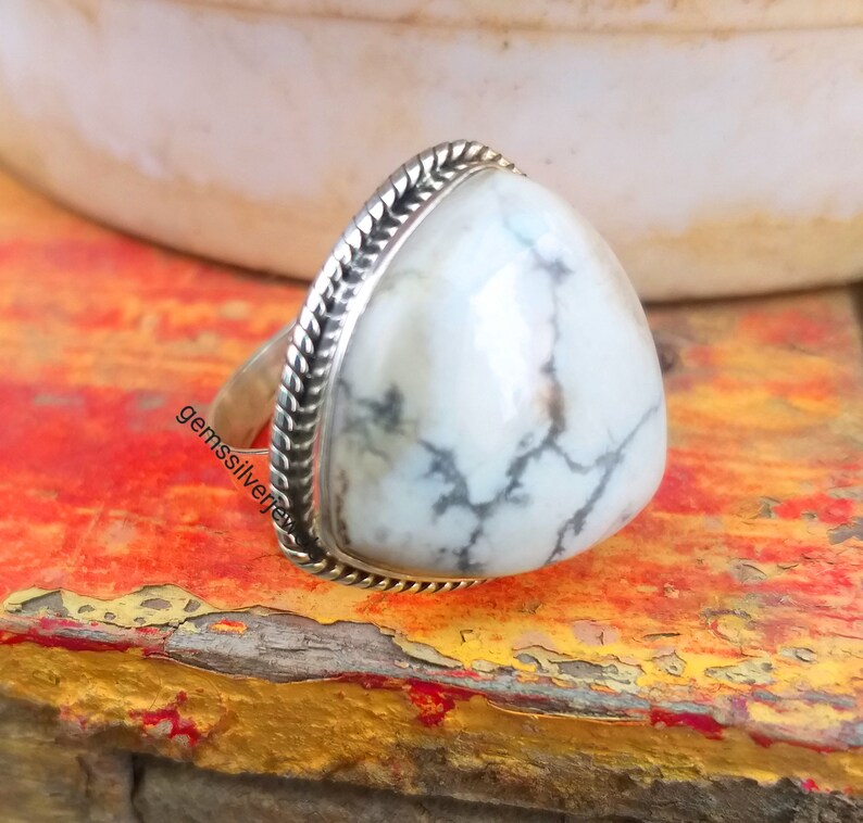 White Buffalo jewelry Boho Statement Ring Promise Ring White turquoise ring White Howlite 92.5/% Sterling Silver Triangle Shape Stone Ring