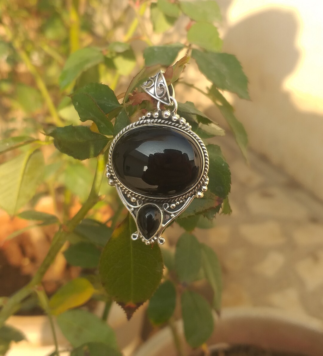Natural Black Onyx Pendant, 925 Sterling Silver Pendant, Bohostyle