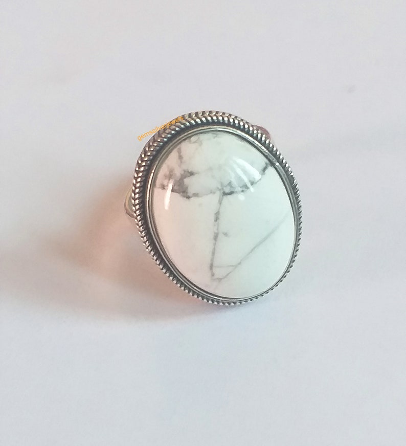 White Howlite Ring, 92.5% Silver ring,Big Oval stone Ring, White turquoise ring, White Buffalo jewelry, Big Stone ring, Boho Statement Ring image 10