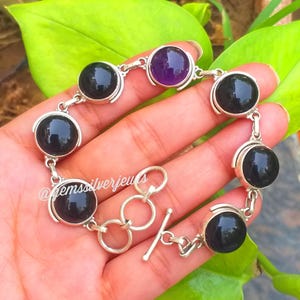 Natural Black Onyx Bracelet, 925 Sterling Silver Bracelet, Center gemstone Natural Amethyst, Best Gifts For Him, Gifts For Husband