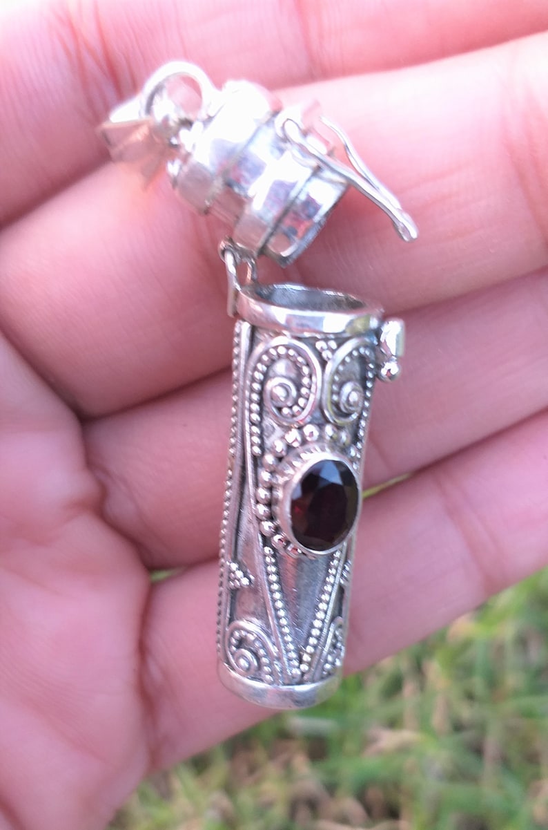 Garnet Pendant, 925 silver pendant, Long silver pendant, Secret message box Pendant,Position Box Necklace,Secret Pills Box,Garnet box locket image 2