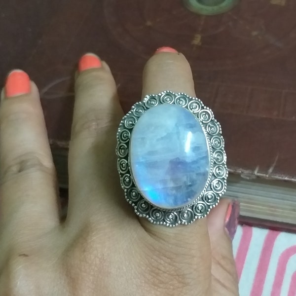 Moonstone Ring, 925 Silver Ring, natural rainbow moonstone ring, Big stone Ring, healing crystal, Blue flashy moonstone ring, designer ring