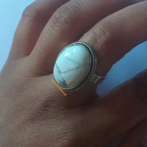 White Howlite Ring, 92.5% Silver ring,Big Oval stone Ring, White turquoise ring, White Buffalo jewelry, Big Stone ring, Boho Statement Ring image 5