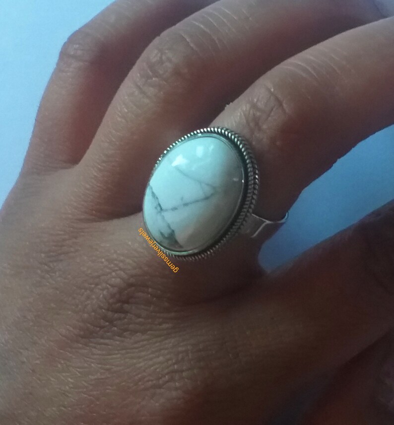 White Howlite Ring, 92.5% Silver ring,Big Oval stone Ring, White turquoise ring, White Buffalo jewelry, Big Stone ring, Boho Statement Ring image 5