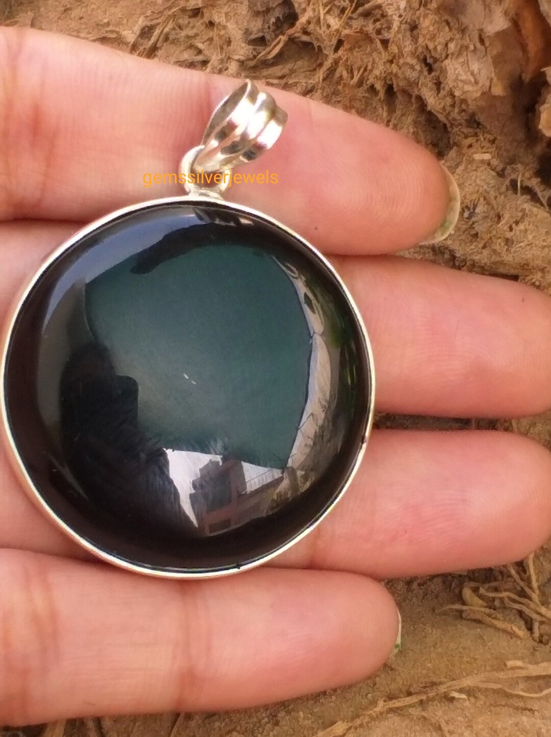 Natural Black Onyx Pendant 92.5 Sterling Silver 35mm Round Stone Black