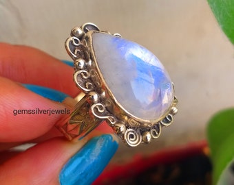 Bague pierre de lune arc-en-ciel, bague en argent sterling 925, bague pierre de lune bleue flashy, bague en forme de larme, cadeau pour elle, bijoux en pierre de lune, bague de mariage,