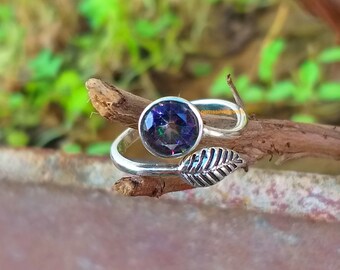 Bague topaze mystique, bague en argent sterling à 92,5%, bague design feuille, bague topaze arc-en-ciel, bijoux topaze, bague pierre ronde, bagues tendance bohème