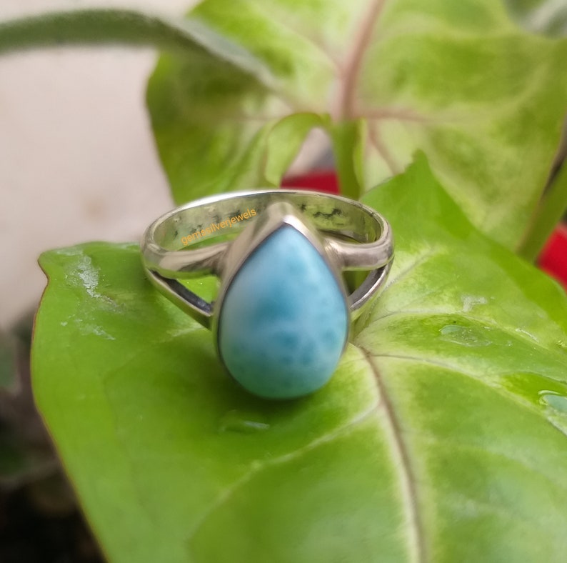 Bague en larimar naturel, bagues en argent sterling 925, bague en larimar bleu République dominicaine Bague en larimar en forme de poire Bague de promesse image 2