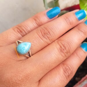 Bague en larimar naturel, bagues en argent sterling 925, bague en larimar bleu République dominicaine Bague en larimar en forme de poire Bague de promesse image 6