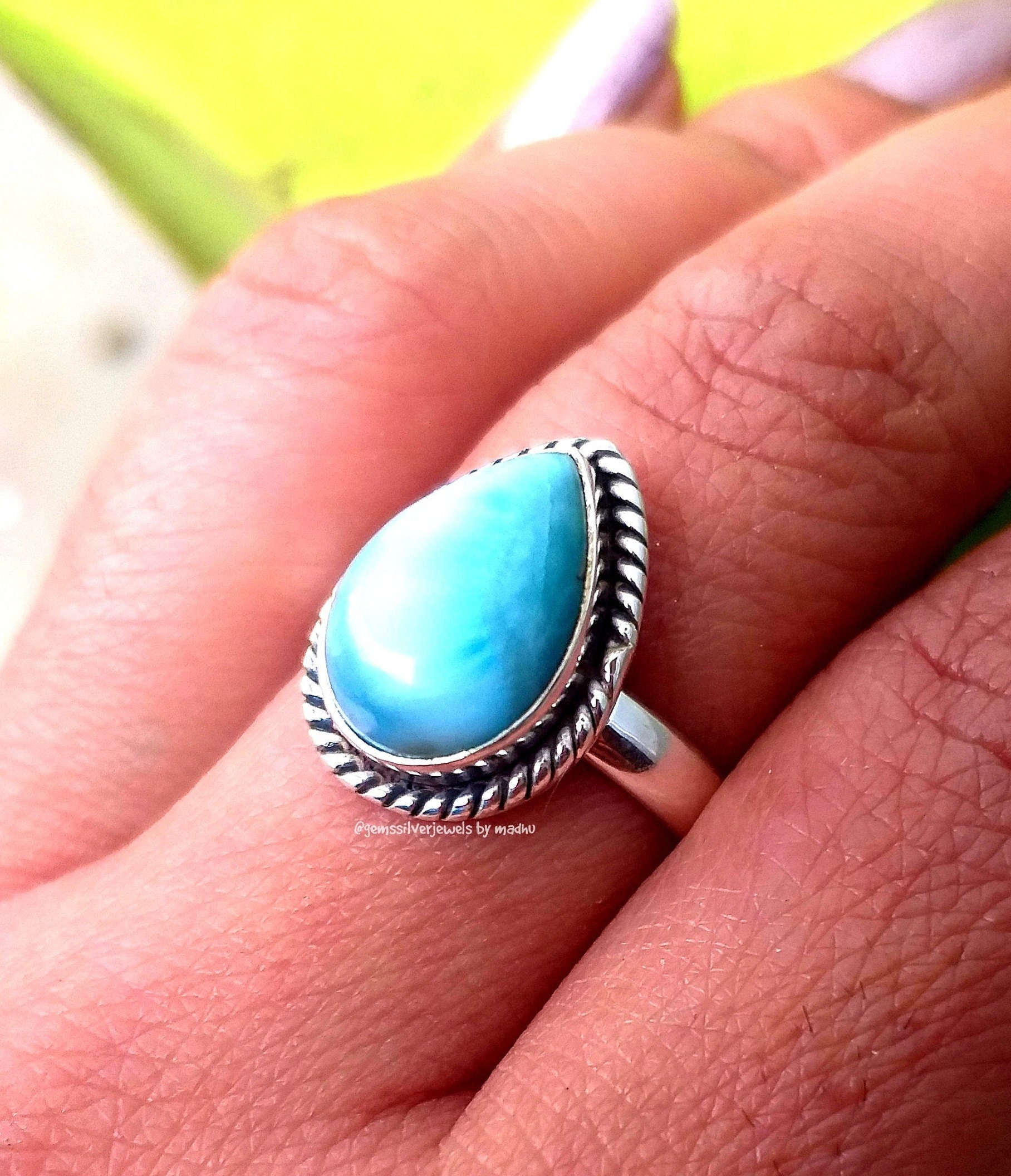 925 Sterling silver Natural Larimar ring Boho Statement Handmade jewelry women