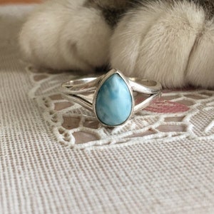 Bague en larimar naturel, bagues en argent sterling 925, bague en larimar bleu République dominicaine Bague en larimar en forme de poire Bague de promesse image 3