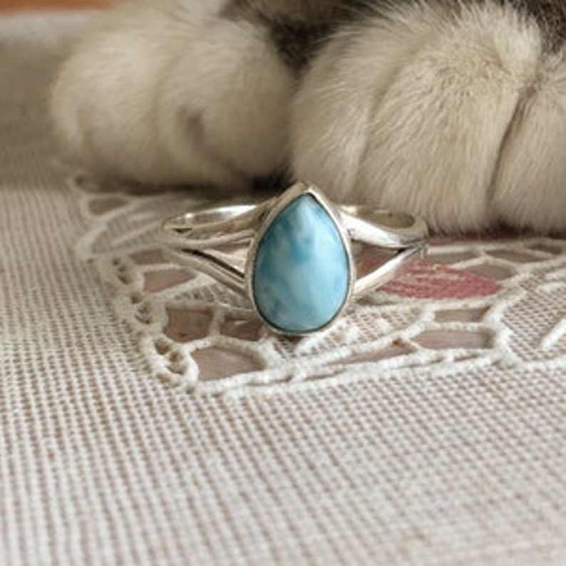 Bague en larimar naturel, bagues en argent sterling 925, bague en larimar bleu République dominicaine Bague en larimar en forme de poire Bague de promesse image 3