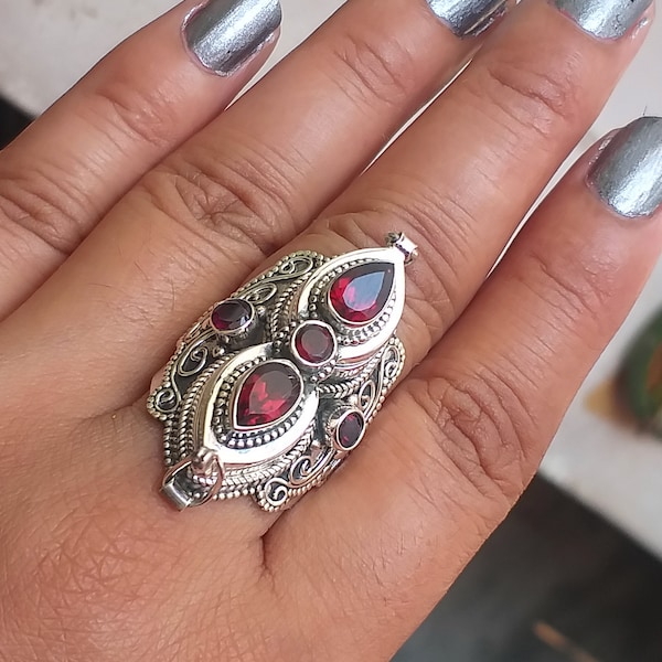 Natural Garnet Sterling Silver Pill Box Ring, Hidden Locket