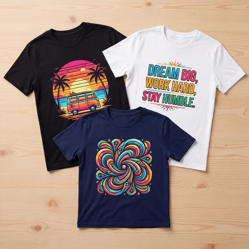 May include: Three t-shirts with colorful designs. A black tee features a sunset scene with a van. A white tee displays the text "Dream Big, Work Hard, Stay Humble." A navy tee has a swirling, abstract pattern.