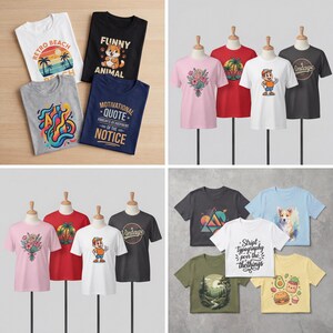 May include: Collection of graphic t-shirts in various colors. Designs include a retro beach scene, a cartoon dog, abstract art, and motivational quotes. Other shirts feature a floral bouquet, a boy with a baseball cap, and the word "Vintage".