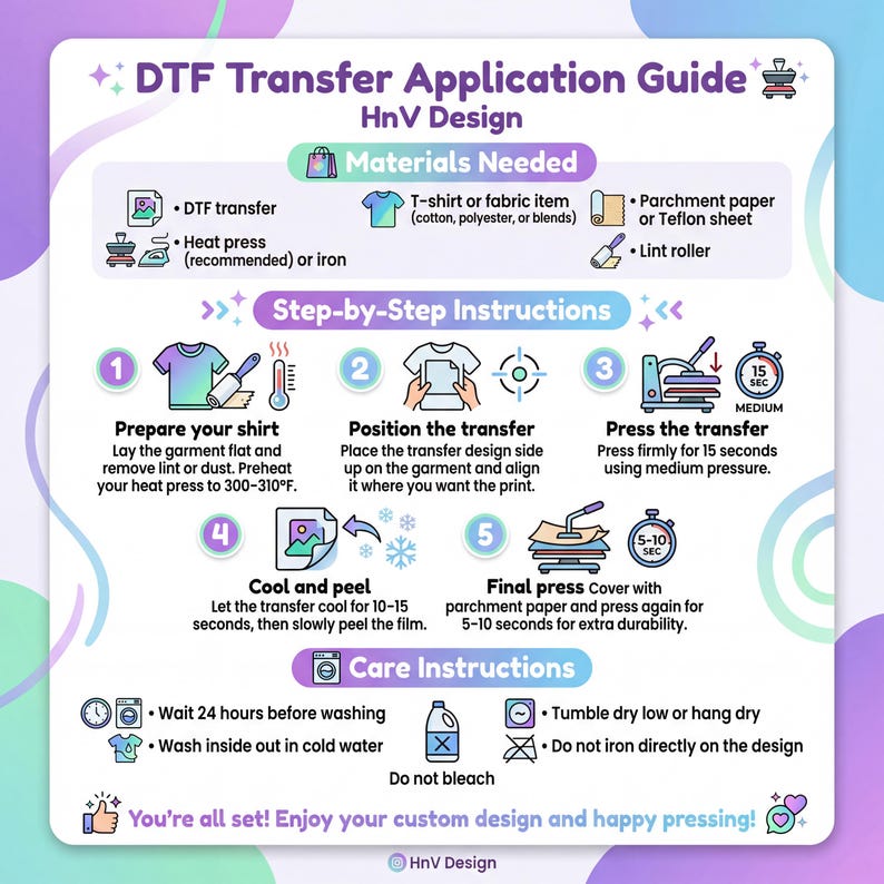 May include: A DTF (Direct to Film) transfer application guide with step-by-step instructions. The guide includes materials needed, such as a T-shirt, DTF transfer, and heat press. It also provides care instructions for the finished product.