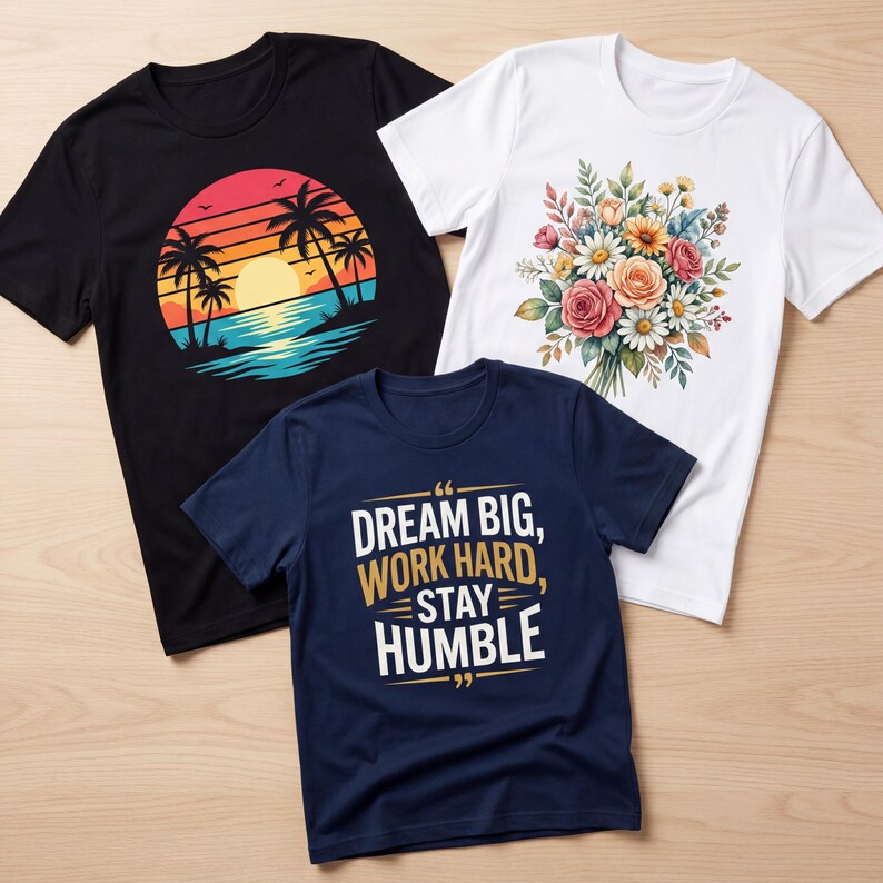 May include: Three t-shirts with different designs. A black tee features a sunset scene with palm trees. A white tee displays a floral bouquet. A navy blue tee has the text "DREAM BIG, WORK HARD, STAY HUMBLE."