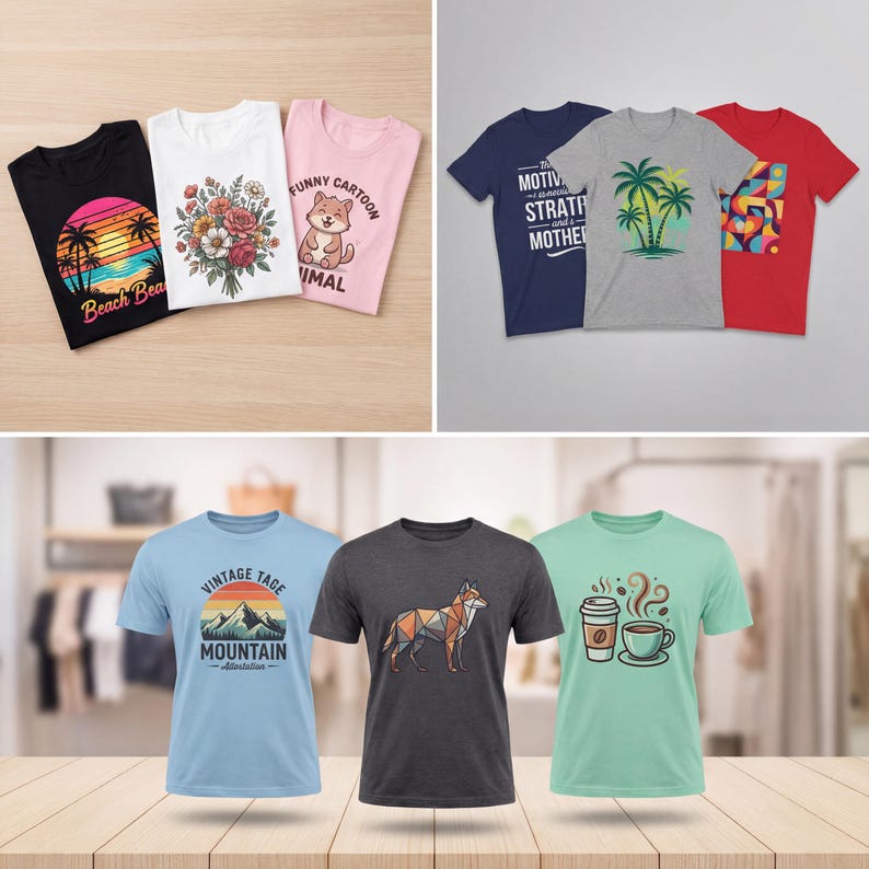 May include: Collection of t-shirts in various colors, each featuring unique graphic designs. Designs include a sunset scene, floral bouquet, cartoon animal, motivational text, palm trees, geometric shapes, mountain landscape, geometric fox, and coffee cup.