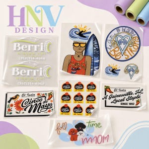 May include: A collection of various stickers and decals, including designs for "Berri Window Tint", "Cinco de Mayo", and "El Indio Mexican Food & Bar". Other designs feature a surfer, a heart with weights, and the text "full time mom".